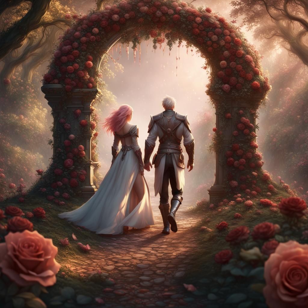 Rose Gold and White Blond Couple in Rose Archway