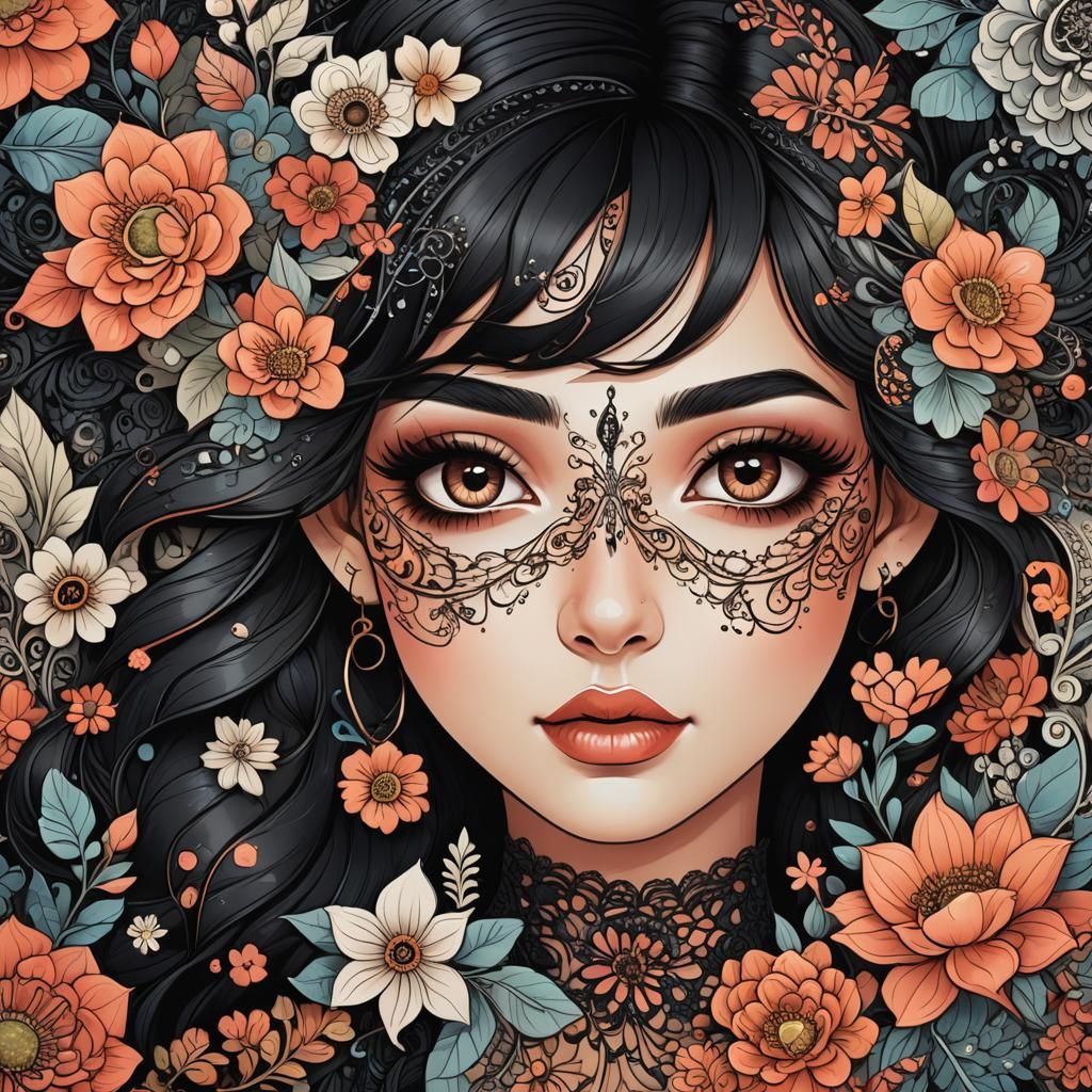 Floral Girl Portrait in Zentangle Style