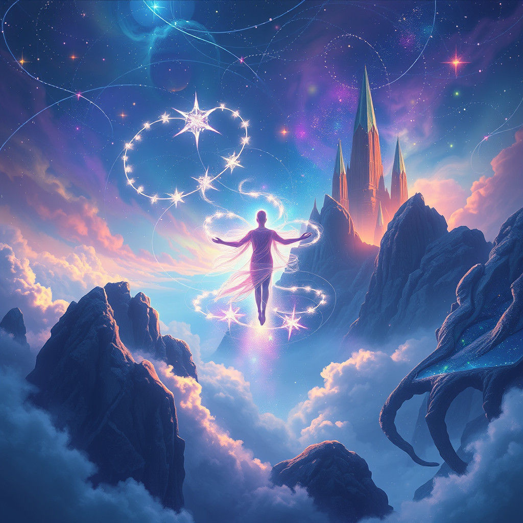 Astral Figure in Ethereal Cosmic Landscape, Holographic Illu...