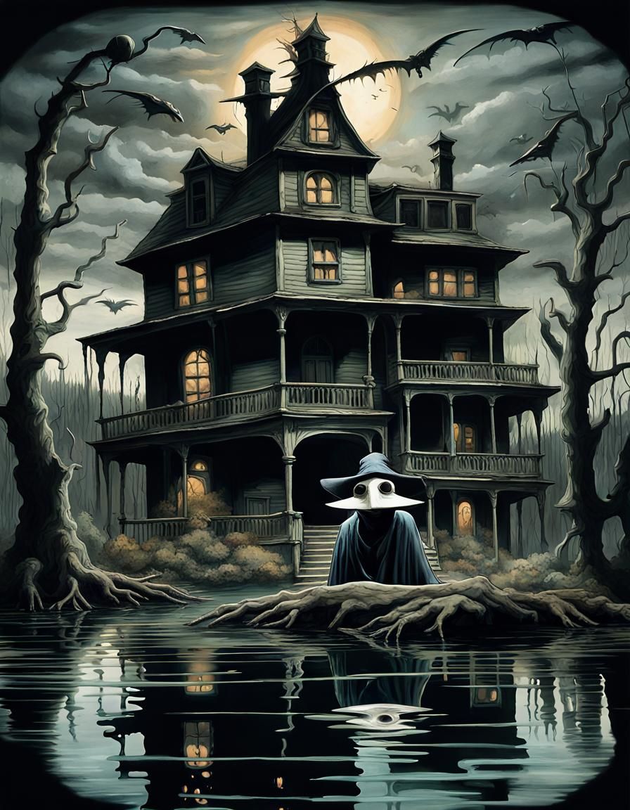 Plague Doctor Witch in Apocalyptic Swamp, Art Nouveau