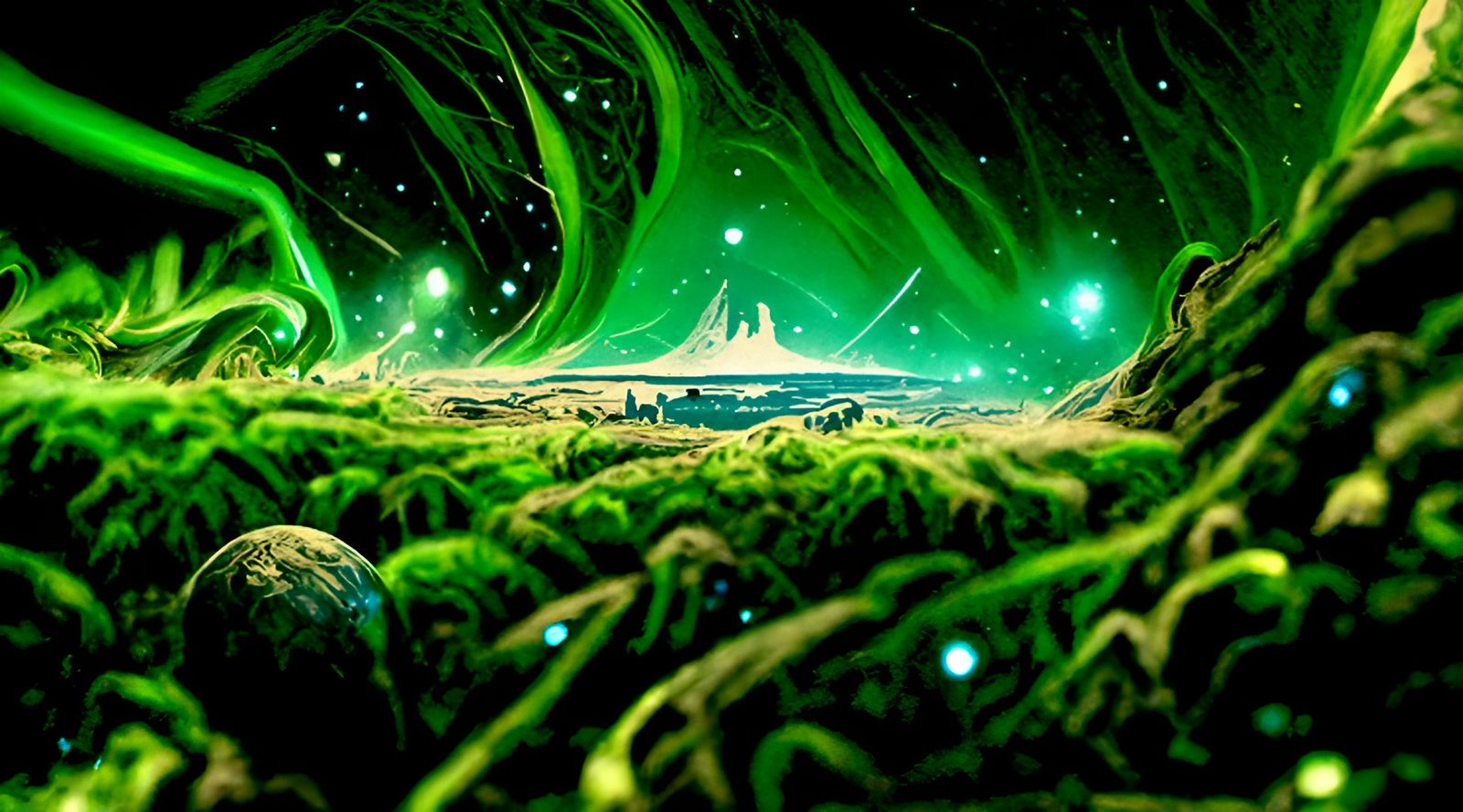Green Cosmic Crystal Landscape as Digital Art