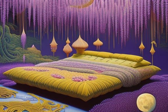 Celestial Woman in Surreal Wisteria Bed, Detailed Fairytale