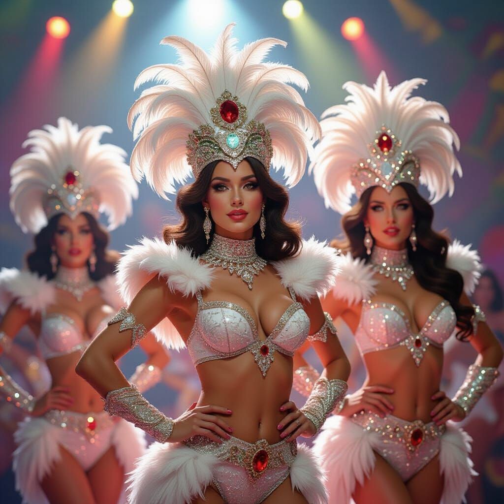 Showgirls in Elaborate Costumes, Hyperrealistic Digital Art
