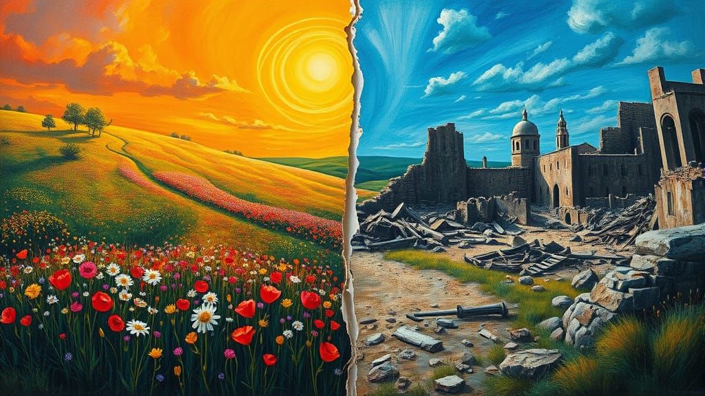 Surreal Canvas: Meadow and War in Surrealist Style