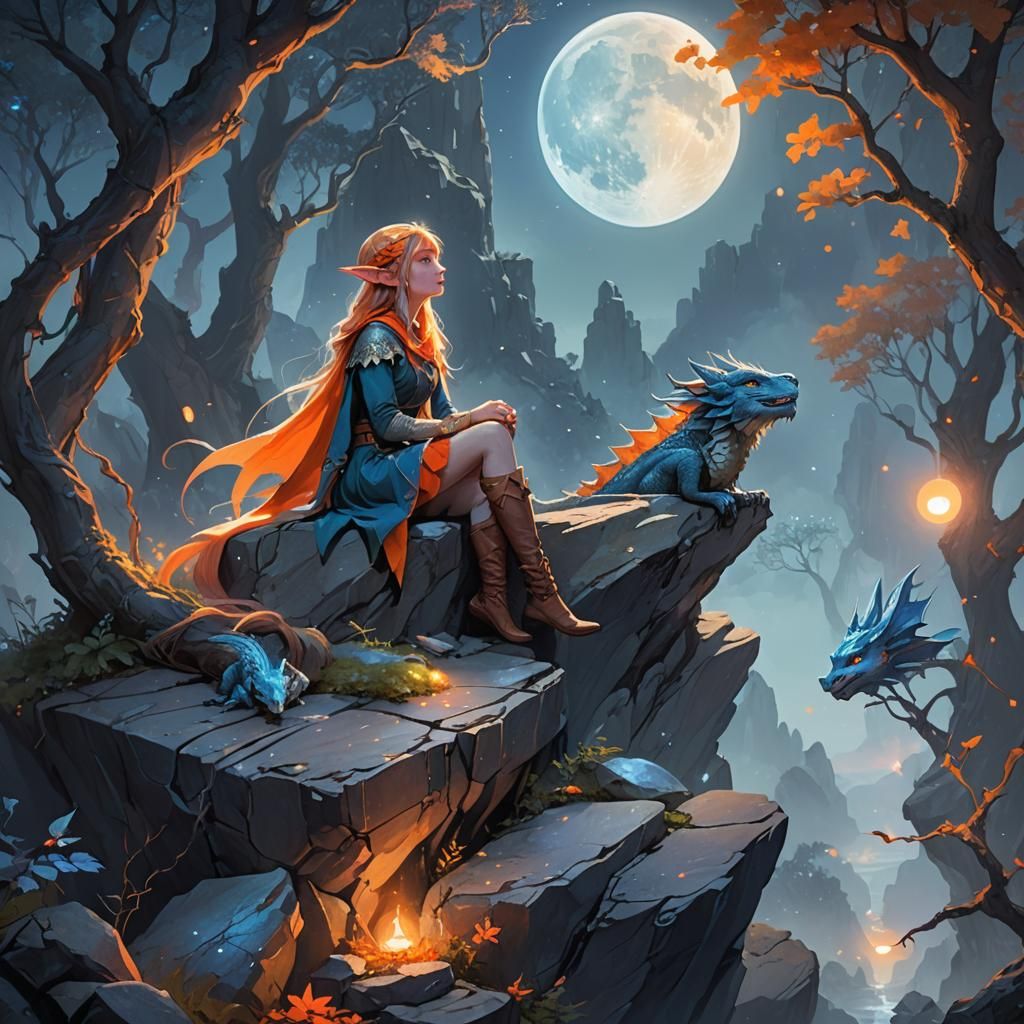 Elf and Dragon Fantasy Art in Art Nouveau Style