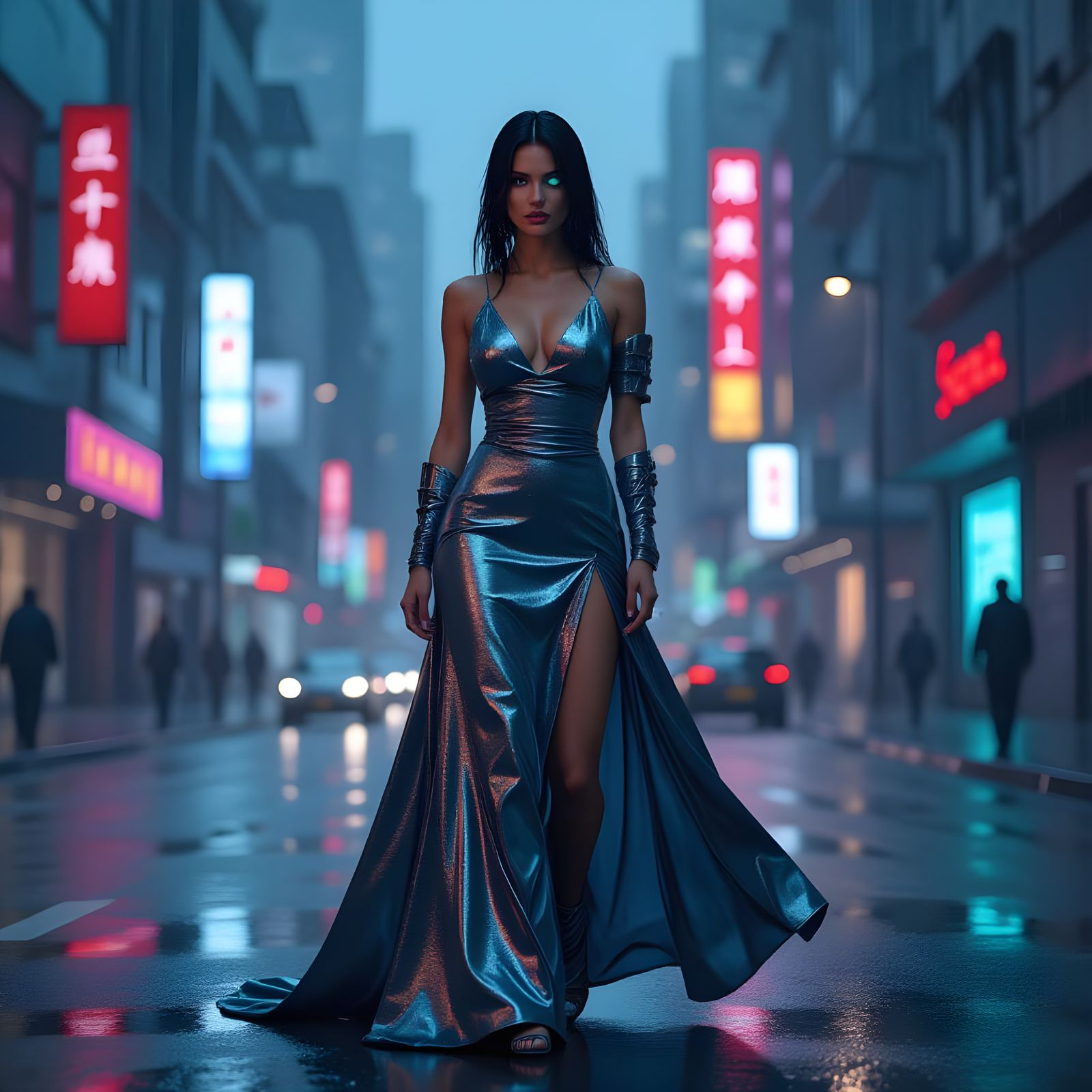 Cybernetic Woman in Futuristic Cityscape