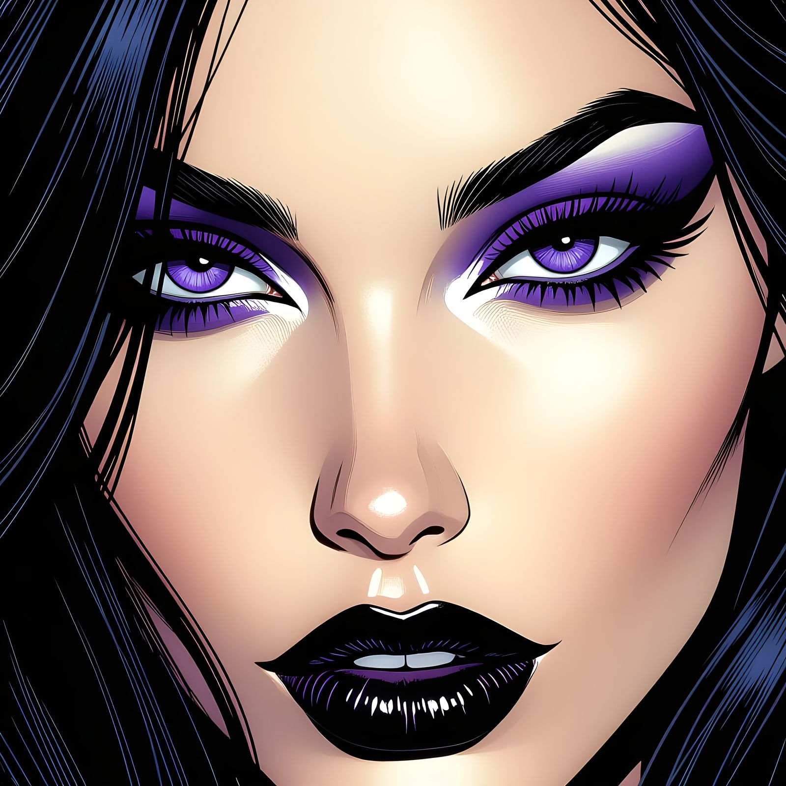 Woman's Face with Purple Eyes in Comic Book Style