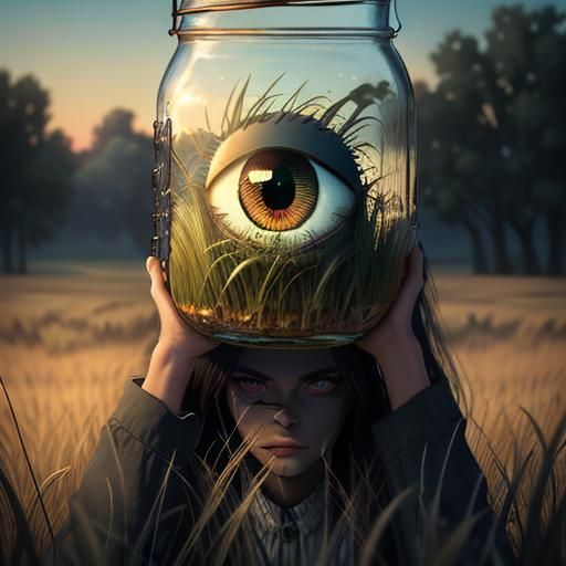 Surreal Girl with Eyeball Jar in Field