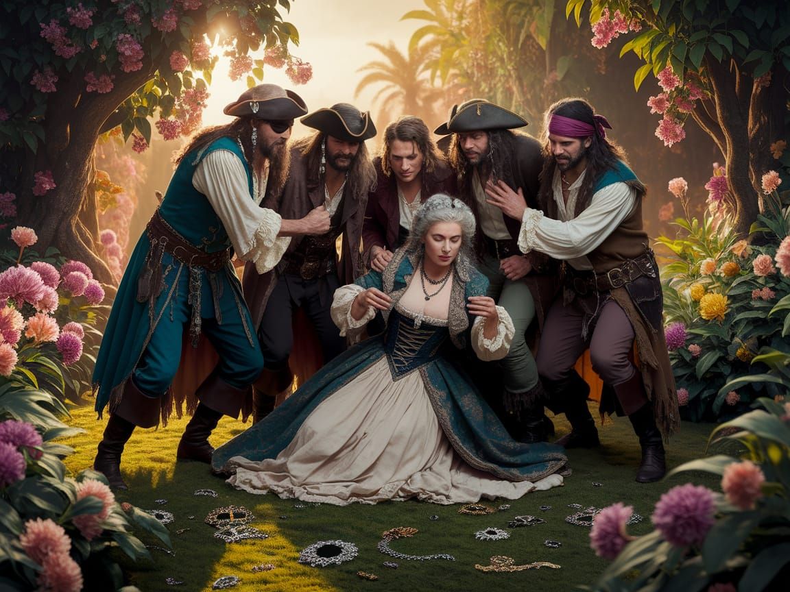 Pirates Ambush a Noble Countess in a Sunlit Botanical Garden