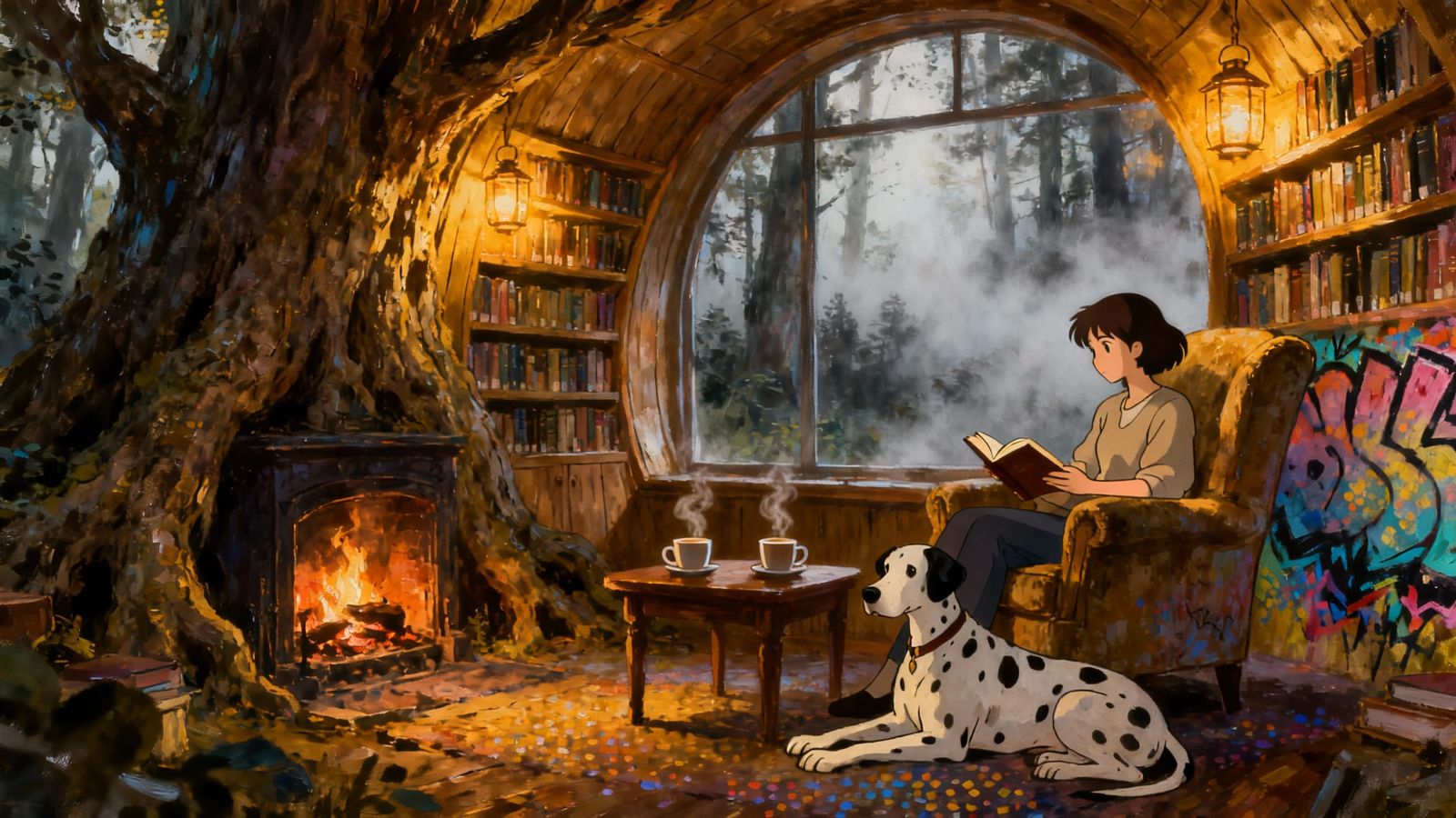 Cozy Sunlit Library Inside Ancient Tree Hollow