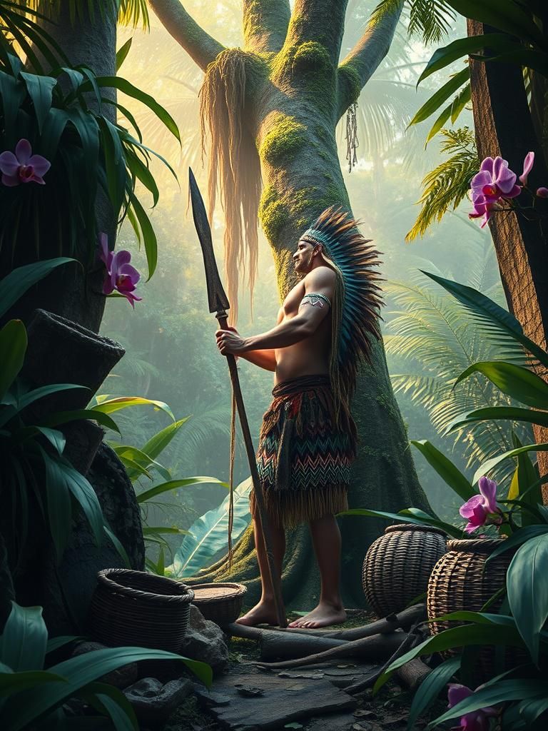 Mesoamerican Warrior Tapping Rubber in Jungle, Fantasy Art