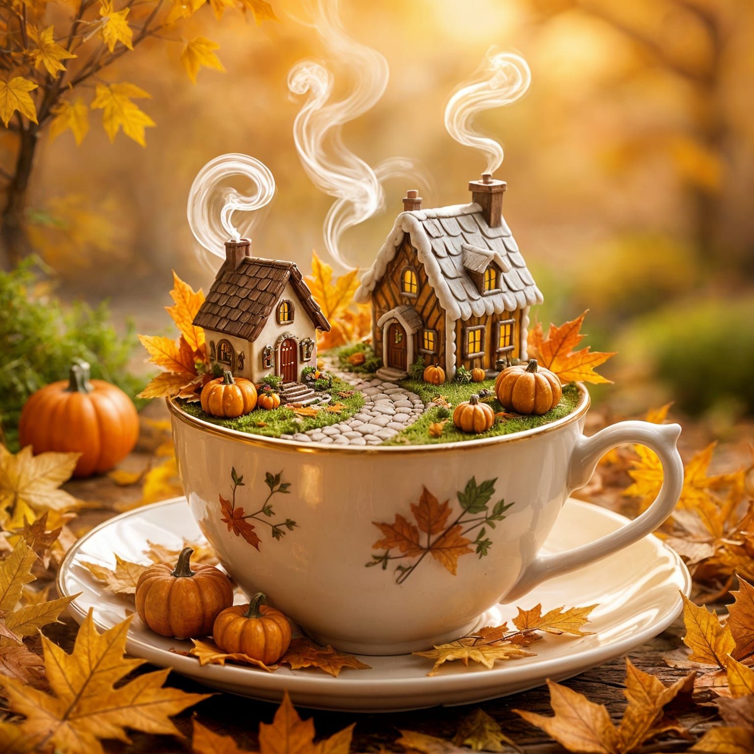 Cozy Teacup Village in Autumn Glow, Storybook Style