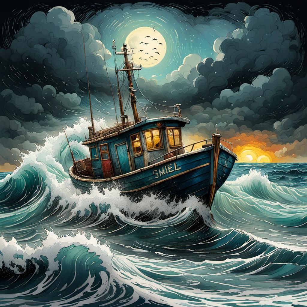 Stormy Seascape: Roaring Waves in Art Brut Style