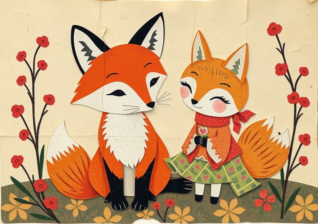 Vintage Paper Collage of Fox and Kitsune Girl