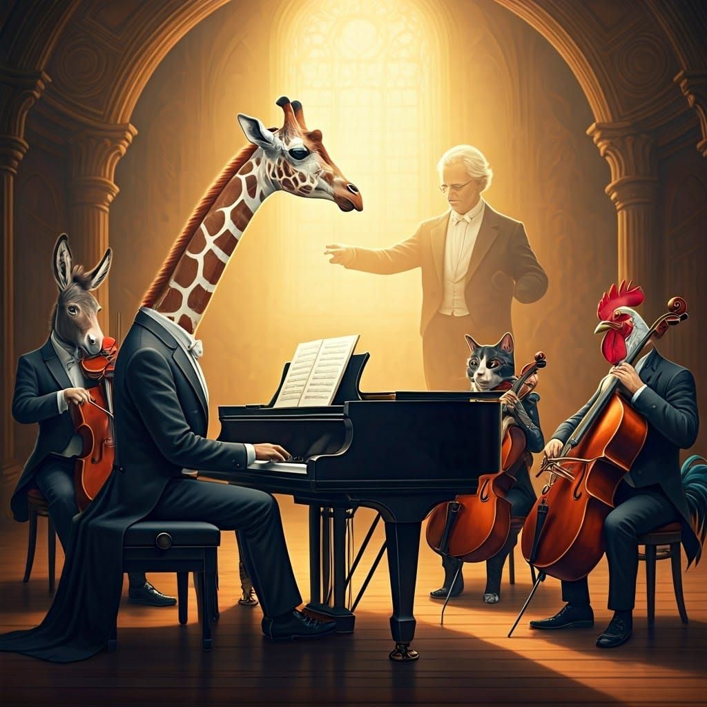 Giraffe in Tailcoat Performs Piano Solo with Donkey-Played C...