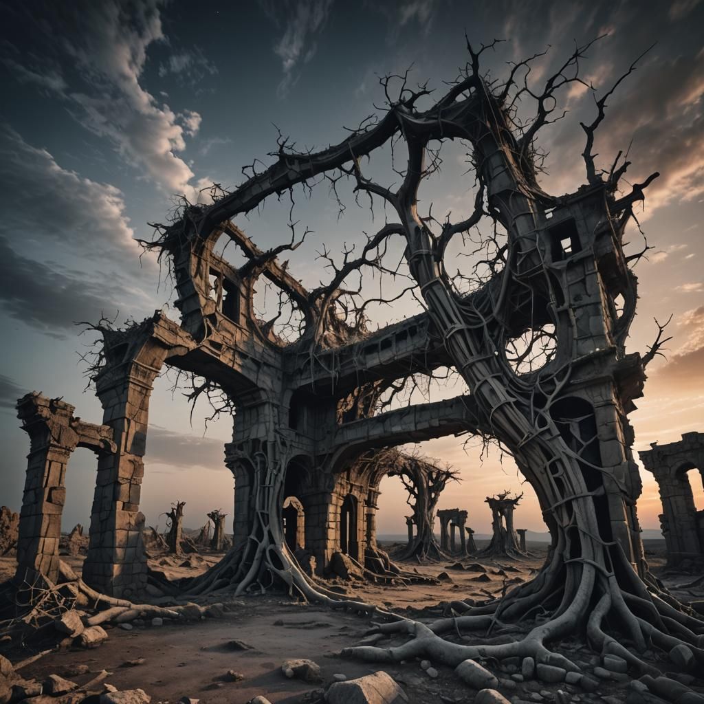 Eerie Surrealist Landscape with Ancient Stone Structure