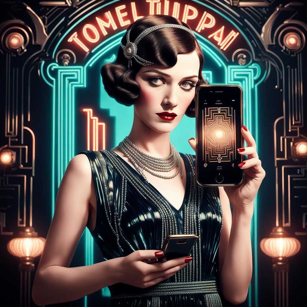Art Deco iPhone Advertisement with Flapper in Neon Glow