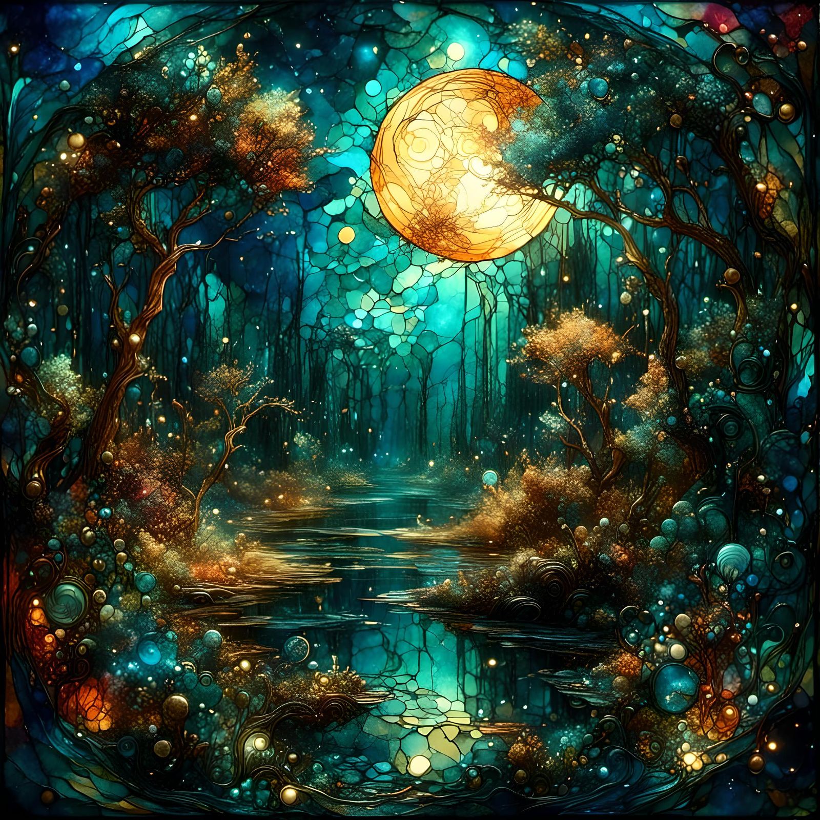 Stained Glass Scenery of a Full Moon Over a Swamp