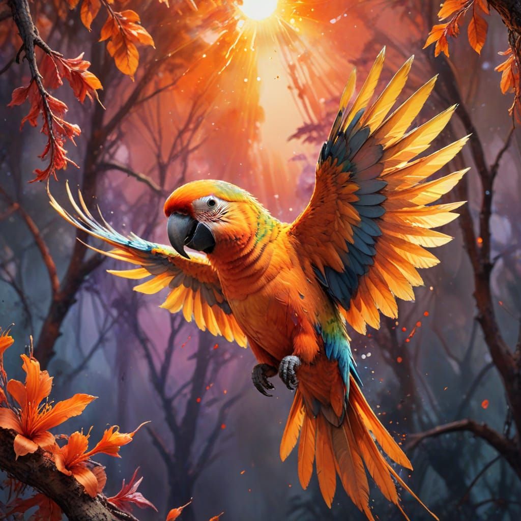 Saffron Parrot Soars in Vibrant Sunset Splendor