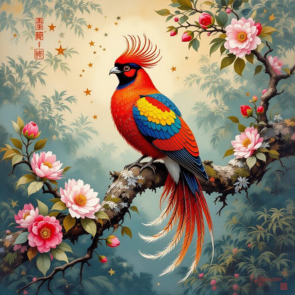 Fiery Phoenix Perched on Flowery Branch, Ukiyo-e Style
