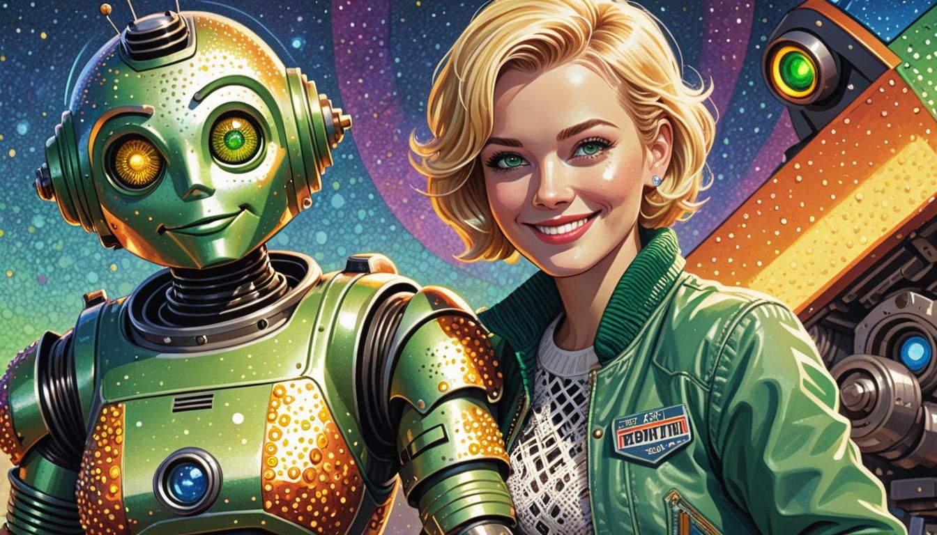 Pointillist Portrait of Woman with Robot Replica