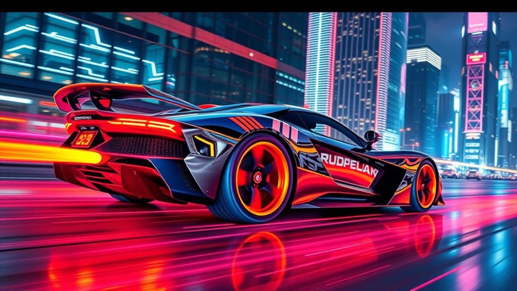 Neon Supercar Speeds Through Futuristic Cityscape