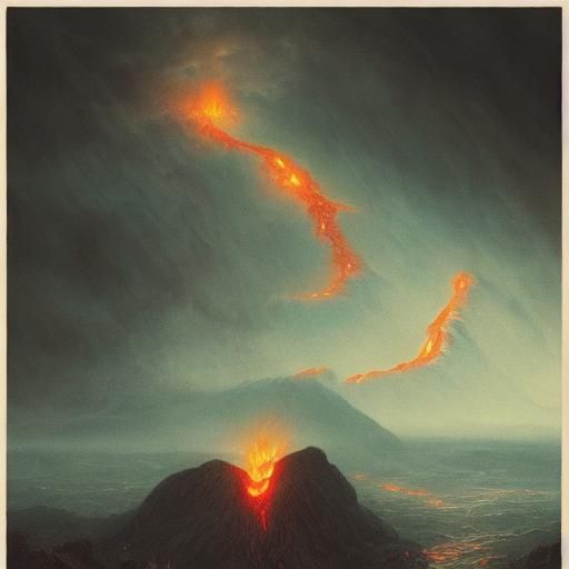 Eerie Volcano Eruption in Gustave Doré Style