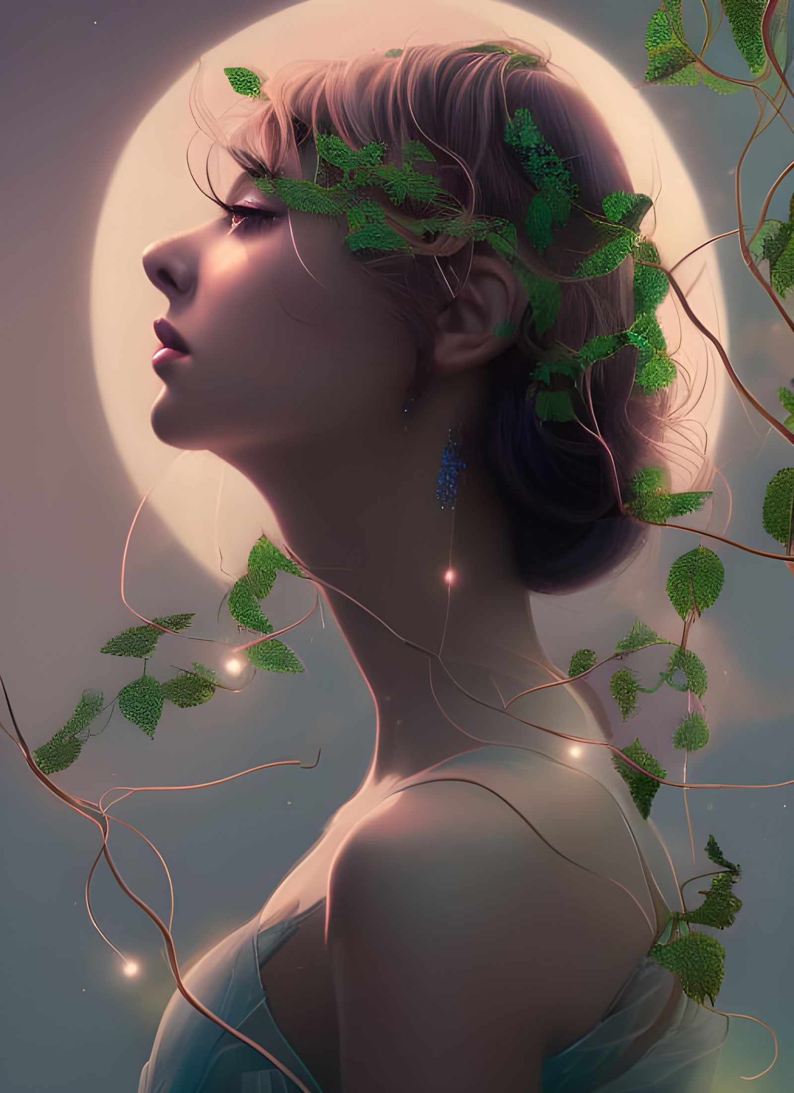 Luminous Woman Portrait with Moon in Digital Art