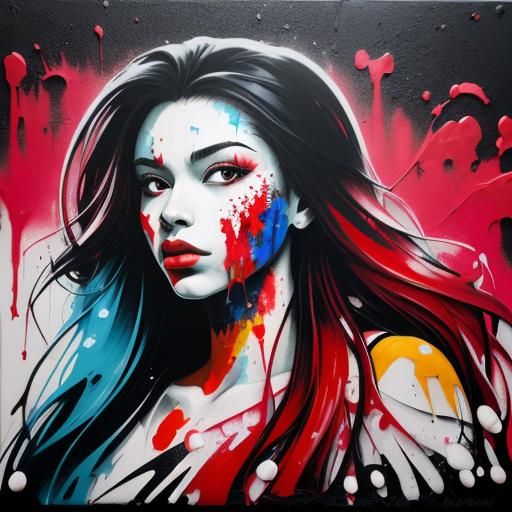 Woman Biting Red Apple in Graffiti Art Style