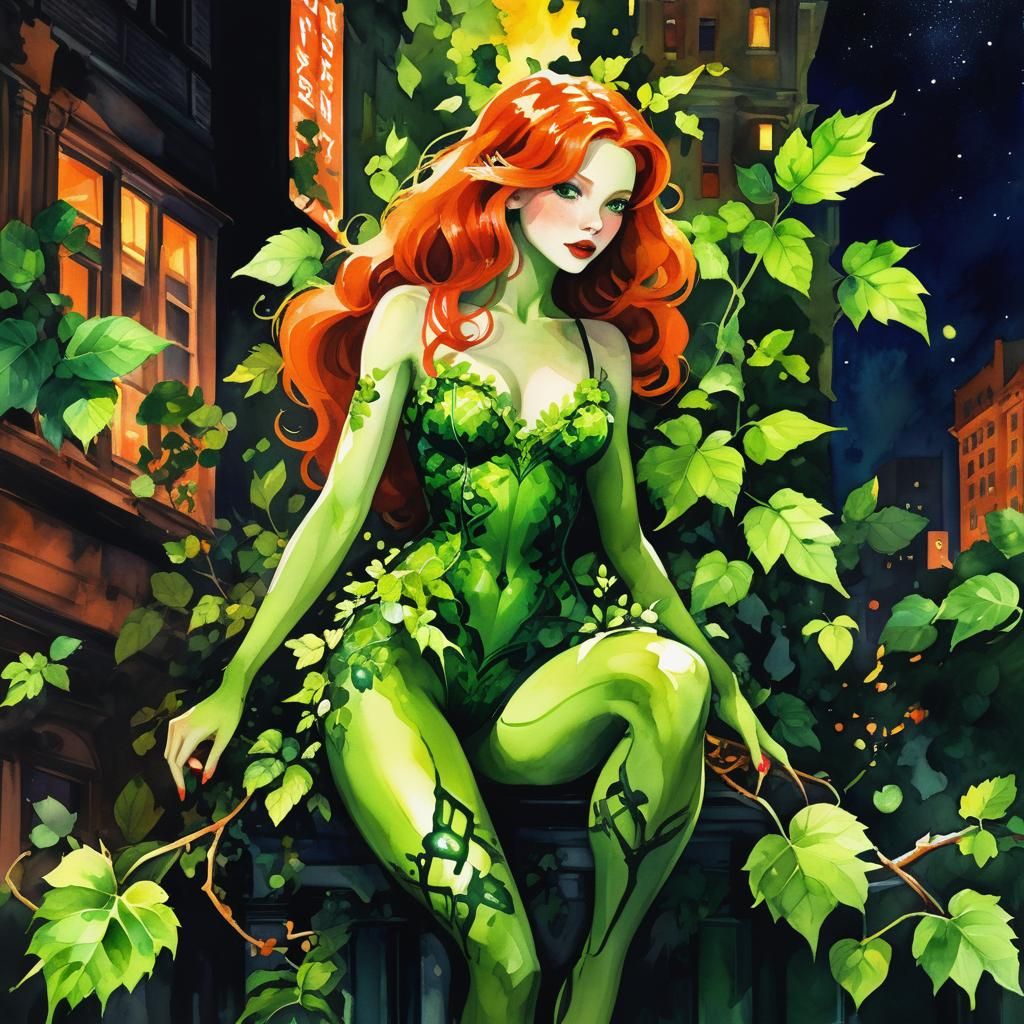 Poison Ivy in Gotham: Watercolor Painting
