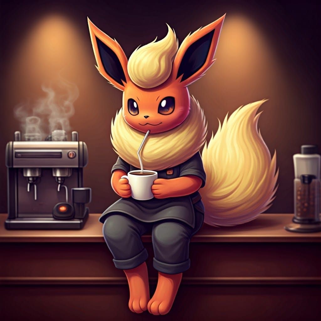 Flareon Barista Pokémon in a Café
