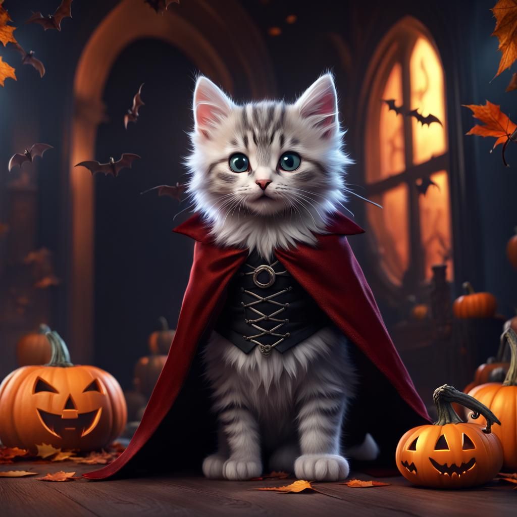 Halloween Vampire Kitten in Spooky Whimsical Room