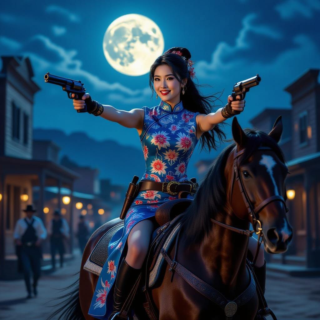 Chinese Gunslinger Rides into Old West Sunset