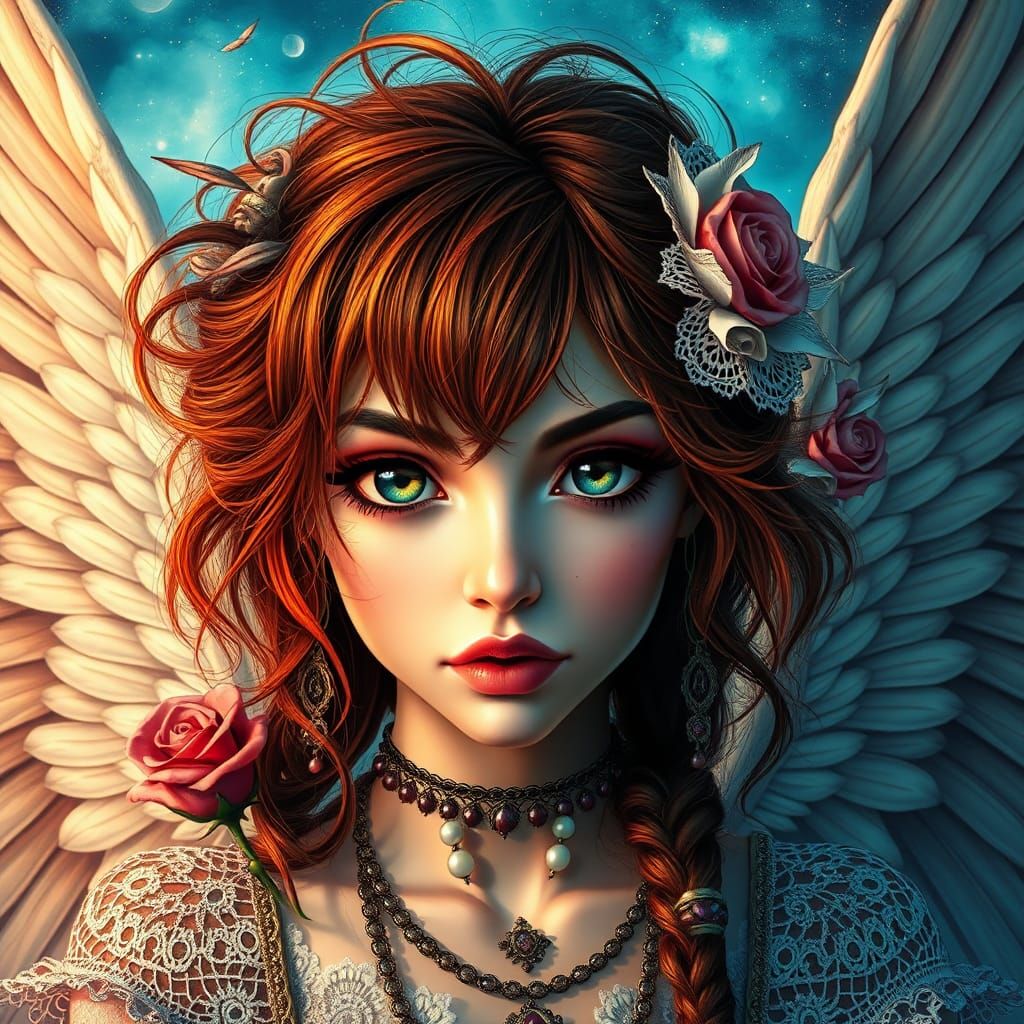 Punky Angel with Auburn Hair and Celestial Background