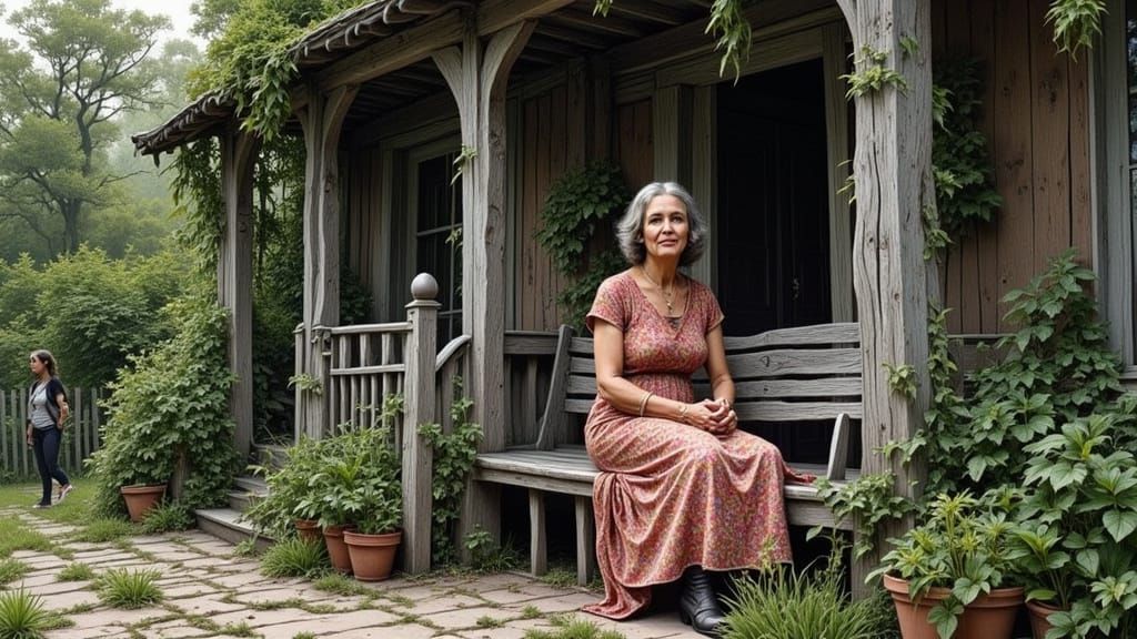 Elderly Woman on Porch Swing in Charcoal Sketch Style