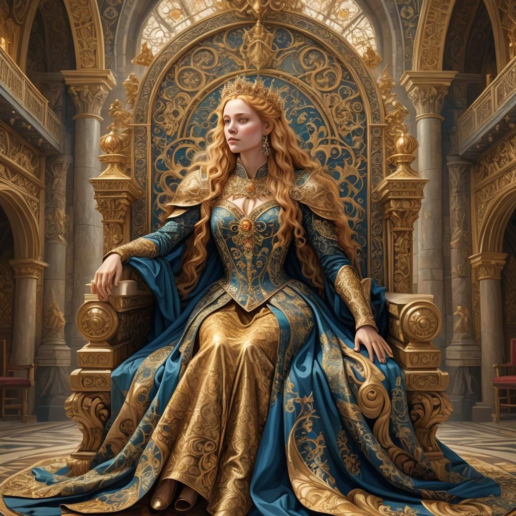 “A regal woman with flowing, golden hair, dressed in an elab...