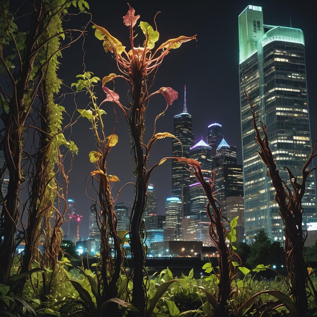 Dystopian Minneapolis Skyline with Bioluminescent Plants