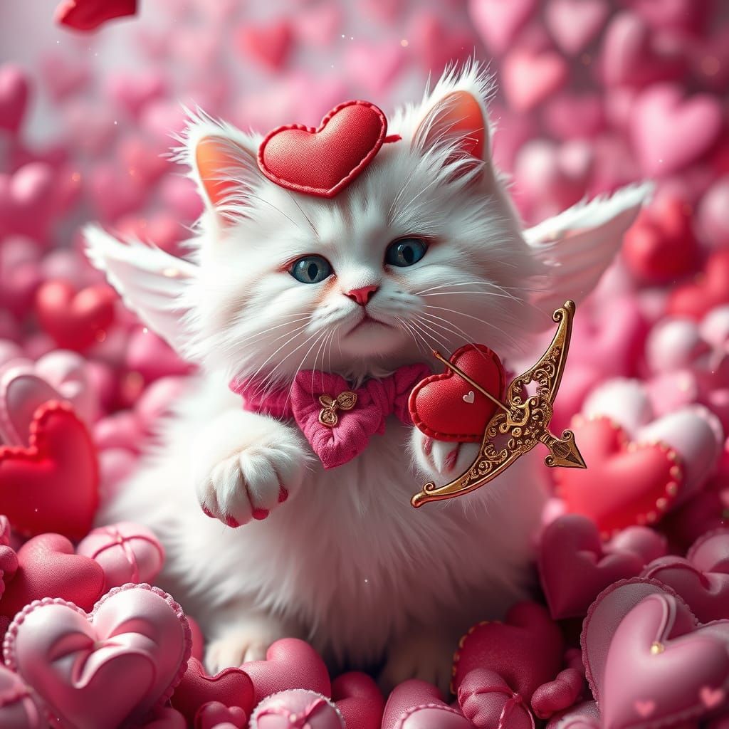 Whimsical Valentine Cat in Vibrant, Kaleidoscopic Landscape