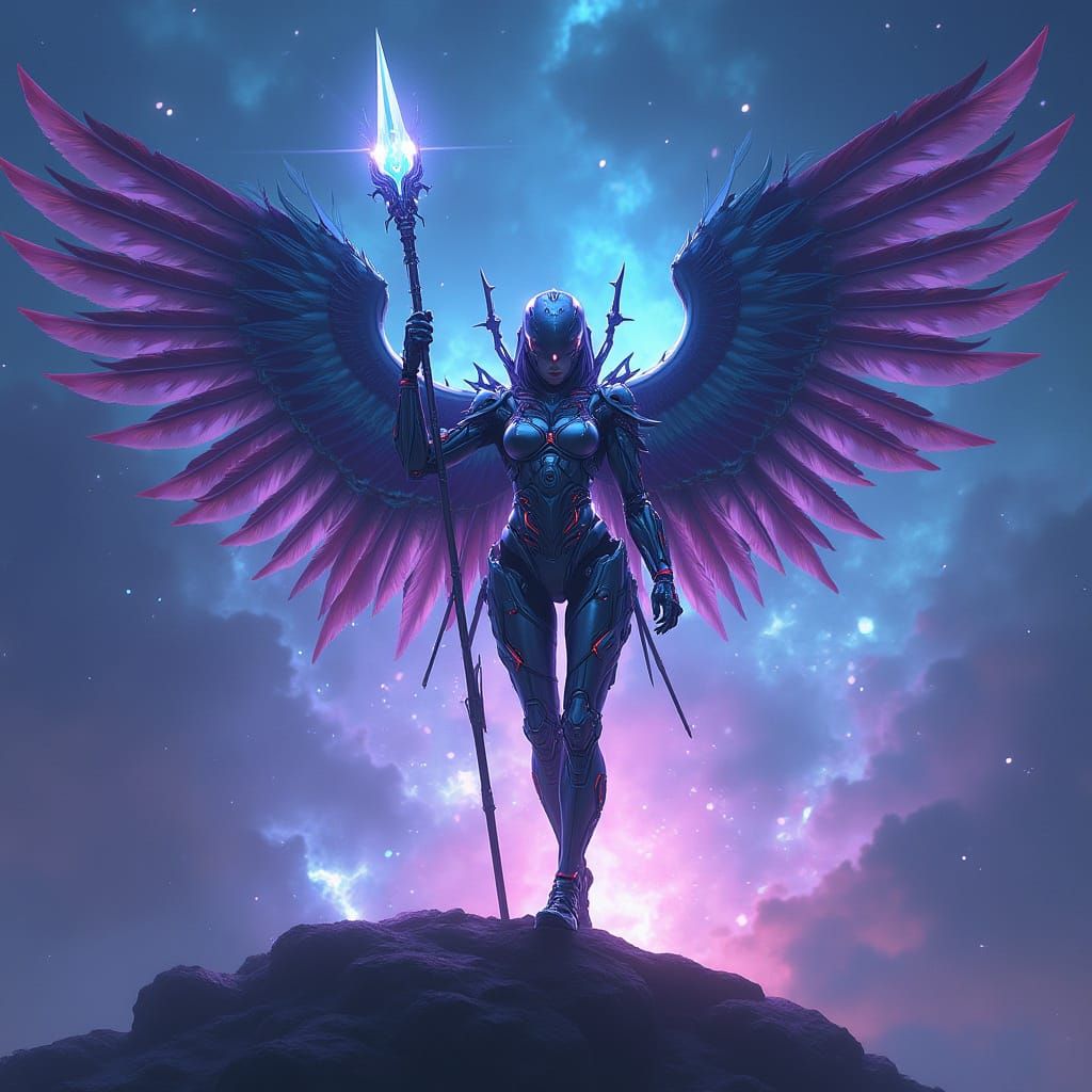 Cybernetic Valkyrie Warrior in Cosmic Nebula