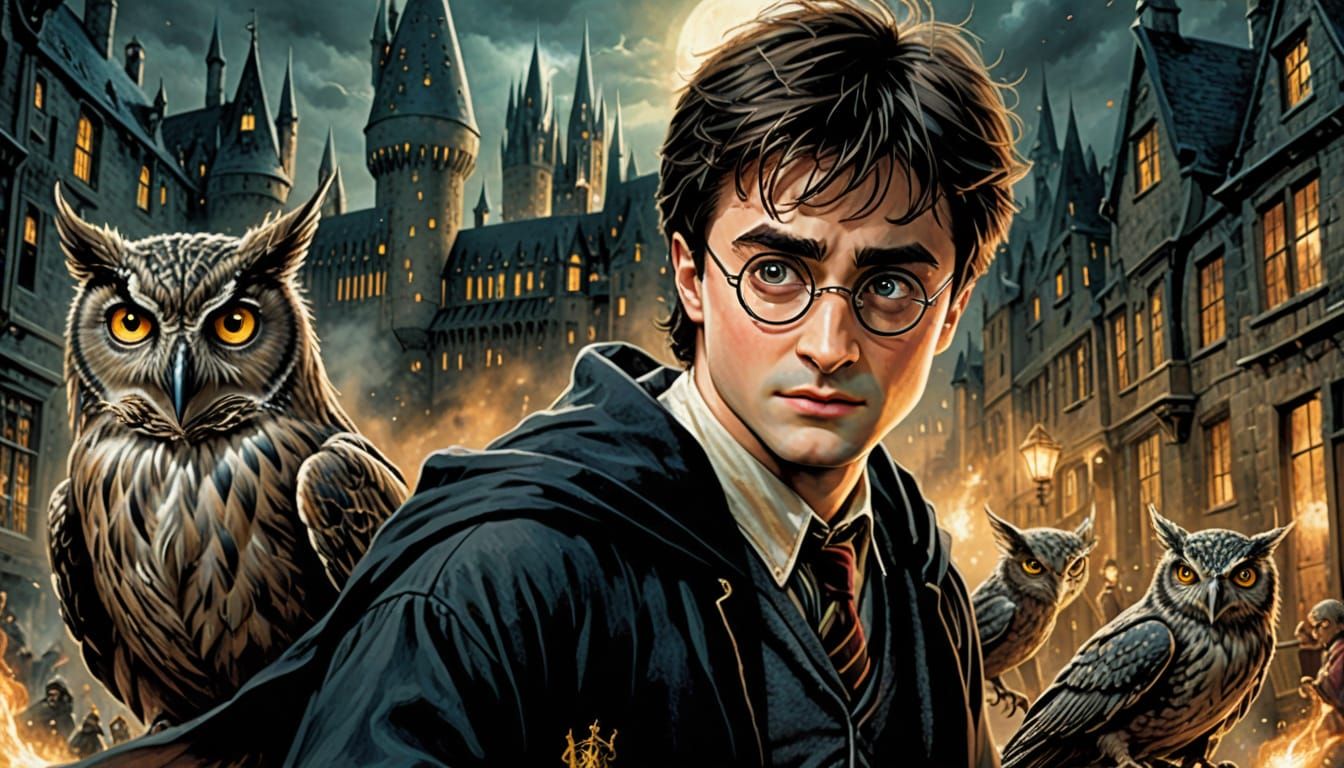Harry Potter Holding Snowy Owl in Fantasy Art Style
