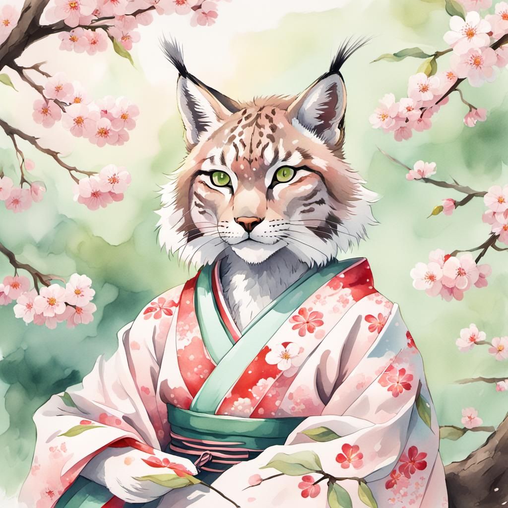 Lynx in Kimono Under Cherry Tree, Watercolor Style
