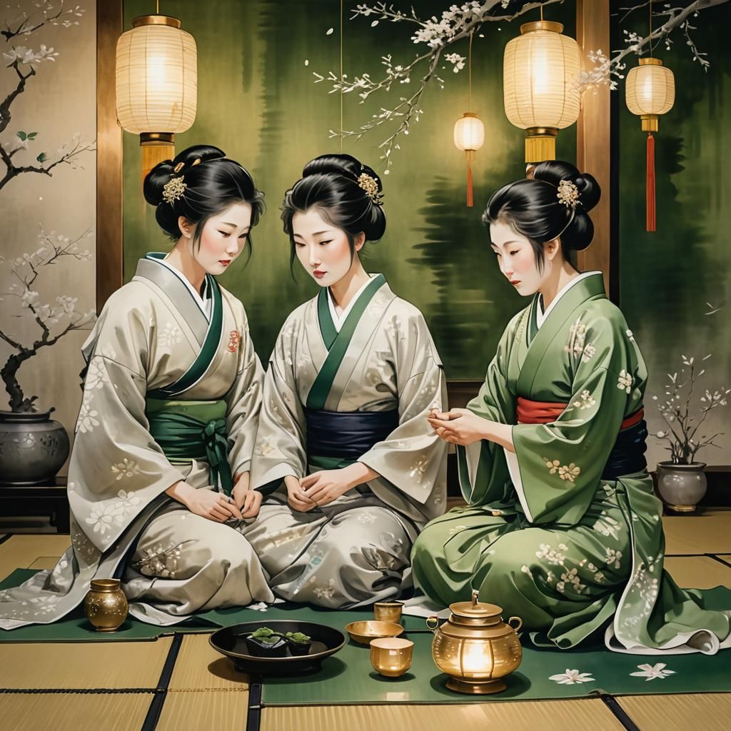 Japanese Tea Ceremony in Ink Wash Painting Style
