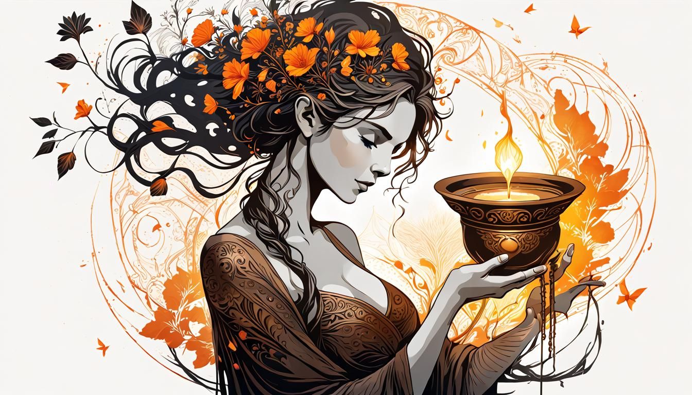 Sorceress Silhouette Casting Spring Spell, Dark Fantasy Art