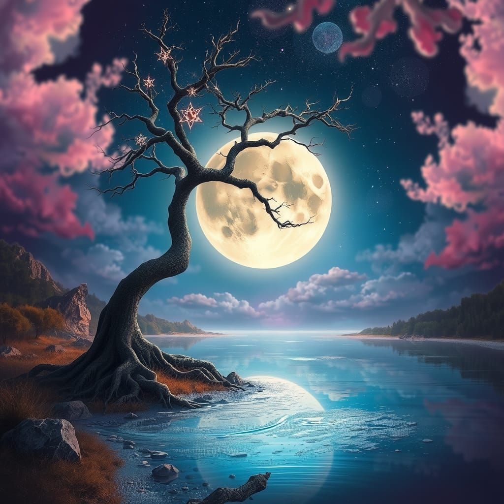 Ethereal Moonlit Landscape with Mystical Tree