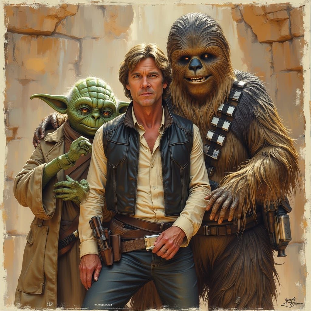 A poster with Harrison Ford as Han Solo posing with Chewbacc...