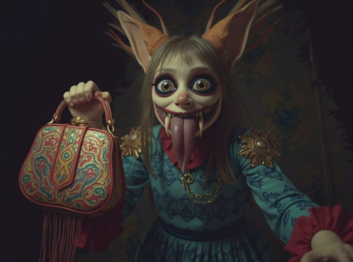 Surreal Analog Photo: Horrifying Being with Magic Bag