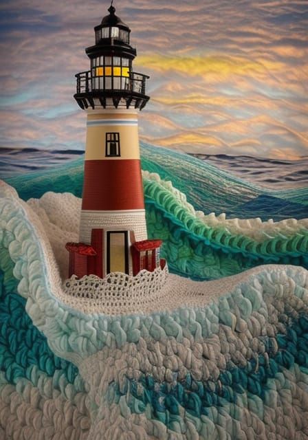 Crochet Waves and Quilted Lighthouse, 3D Render