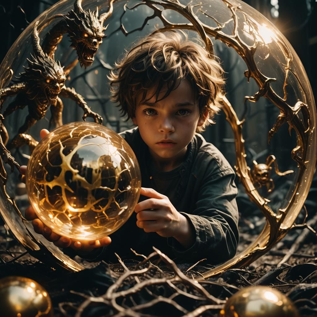 Boy Trapped in Orb: Dark Surrealism in Golden Light