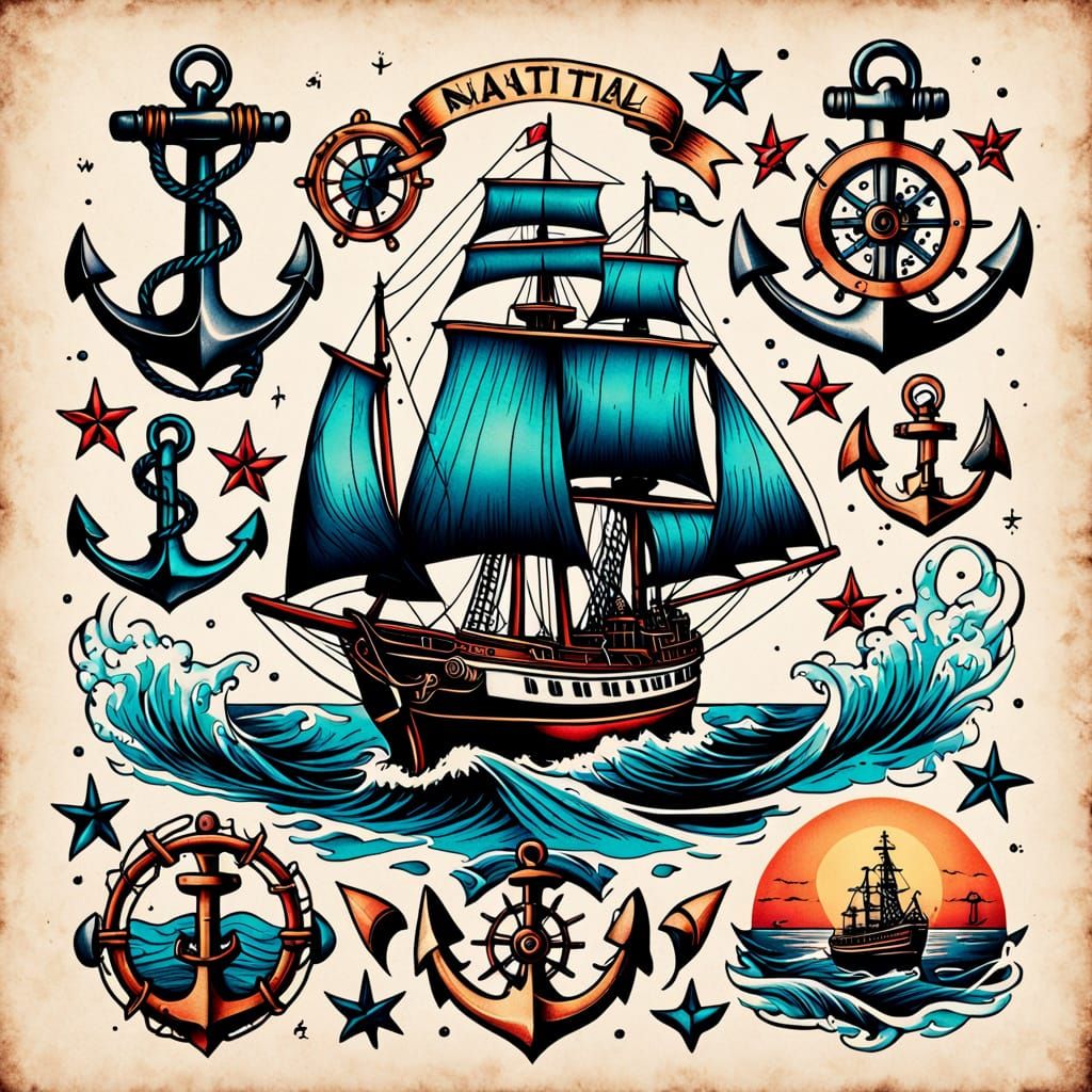 Old School Nautical Tattoo Flash Art Design Sheets
