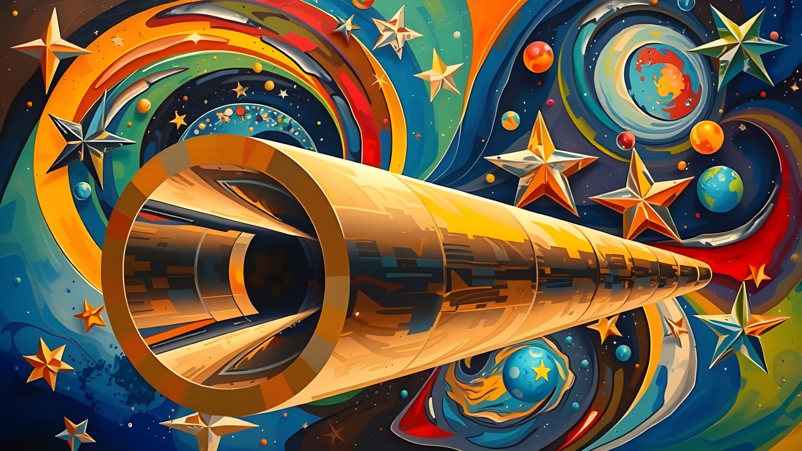 Vibrant Cosmic Mirror Refractions in Gouache